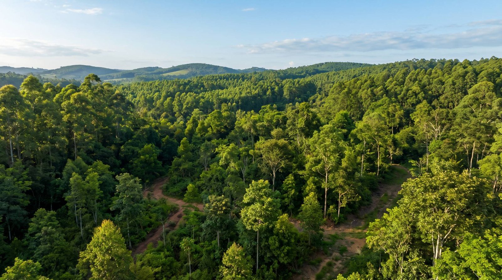 Vista aérea de uma floresta densa e verde, com trilhas de terra e colinas ao fundo sob céu azul